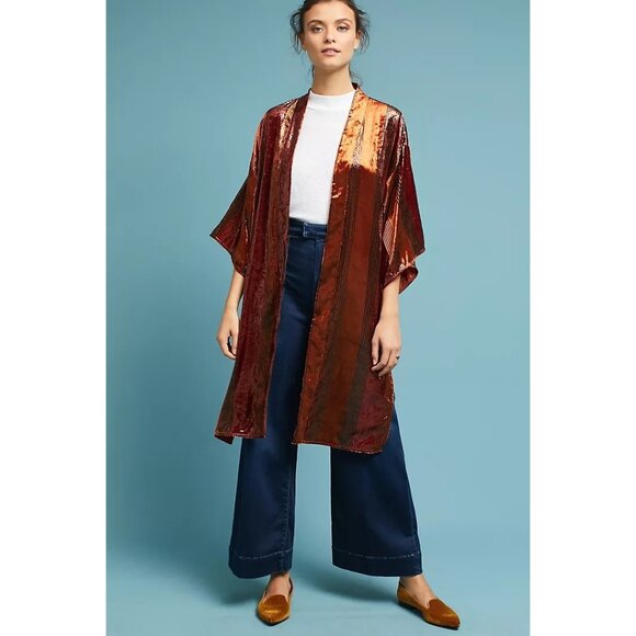 ANTHROPOLOGIE Longline Velvet Kimono Retro 70s Cardigan Open Topper 70s S XS M - Picture 1 of 6